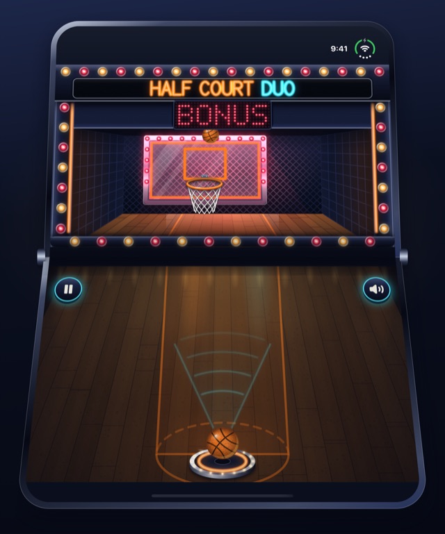 A Daily Shootout bonus window: BONUS on the scoreboard, the backboard lit red, a ball in the air.